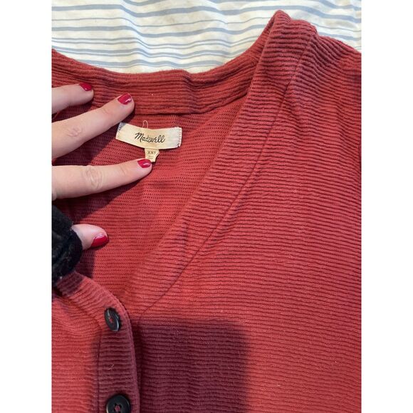 Madewell Red Ribbed Long Sleeve Buttoned Top - XXS - 100% Cotton - Picture 2 of 5